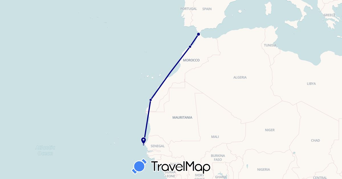 TravelMap itinerary: driving in Morocco, Senegal (Africa)