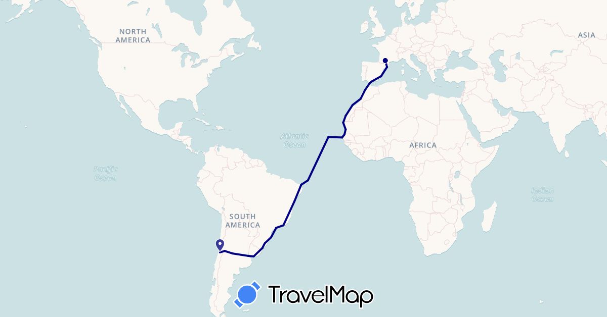 TravelMap itinerary: driving in Argentina, Brazil, Chile, Cape Verde, Spain, France, Gibraltar, Morocco, Mauritania, Senegal, Uruguay (Africa, Europe, South America)